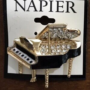 NAPIER Music Lover Piano Gold Black/White Enamel Clear Crystal Brooch Pin**NEW!